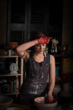 Woman preparing raspberry jam, Stock Photos