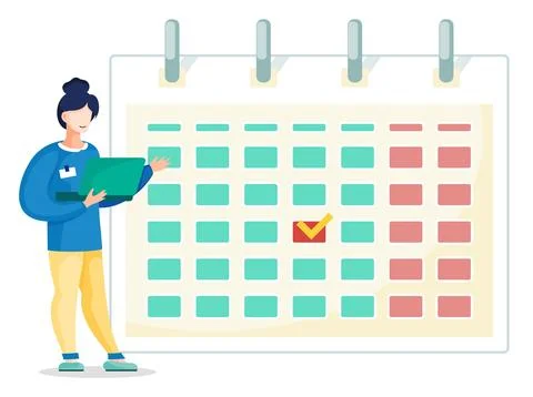 Woman preparing to submit a progress report. Girl standing near a big schedule Stock Illustration