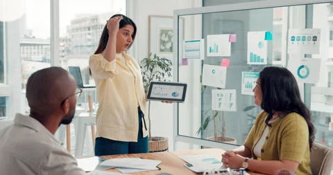 Woman, presentation and tablet at startup for office meeting, team or graph for Stock Footage 318292000