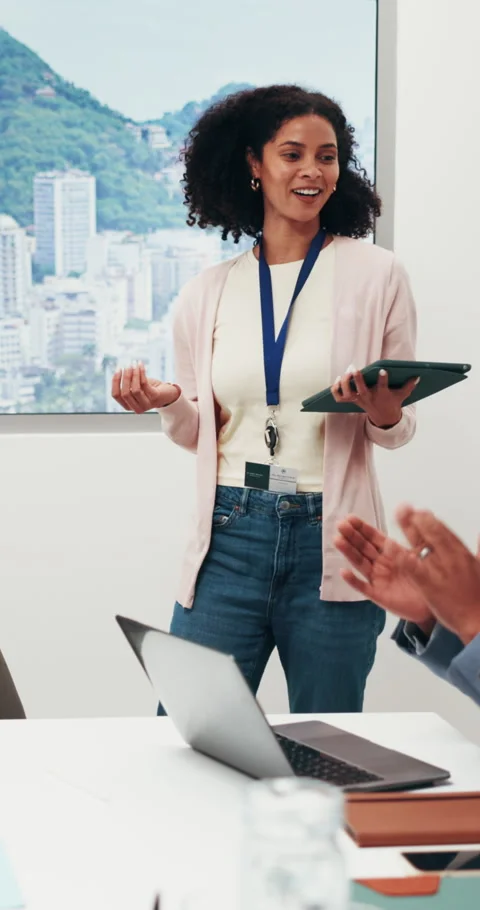 Woman, presentation and tablet with team applause in meeting for congratulations Stock Footage 346288057