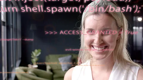 Woman presenter celebrating tech access via ACCESS_GRANTED overlay crossing Stock Footage 333735274