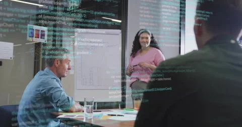Woman presenter gesturing toward chart with marker while code lines visualizing Stock Footage 315899315