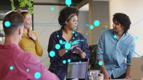 Woman presenter starting briefing explaining cloud design while AWS_EAST nodes Stock Footage 333132378