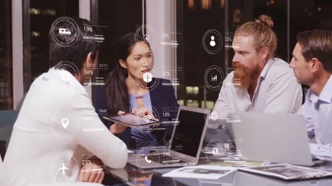 Woman presenter tapping tablet and making charts and icons on glass table Stock Footage 333936740