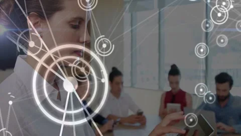 Woman presenter tapping tablet starting network HUD as camera revealing team on Stock Footage 332296083