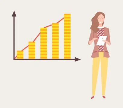 Woman Presenting Chart with Columns, Graph Vector Stock Illustration