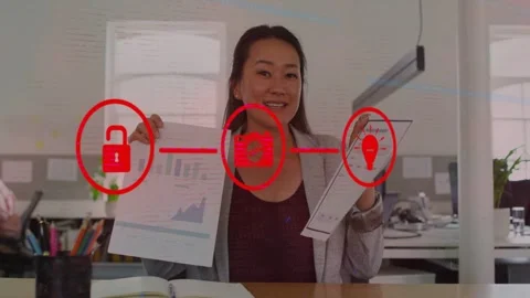 Woman presenting charts or table at desk, red icons linking, aligning with Stock Footage 333648155