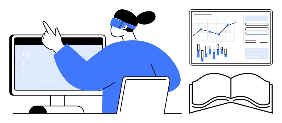 Woman Presenting Data on Computer Screen with Graph Chart and Open Book Nearb Illustrazione stock