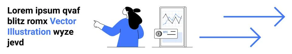 Woman presenting data graph on mobile screen with arrows pointing right. Idea 스톡 일러스트
