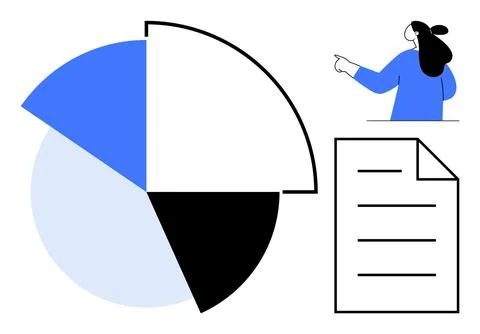 Woman Presenting Data with Pie Chart and Document in Simple Style Stock Illustration