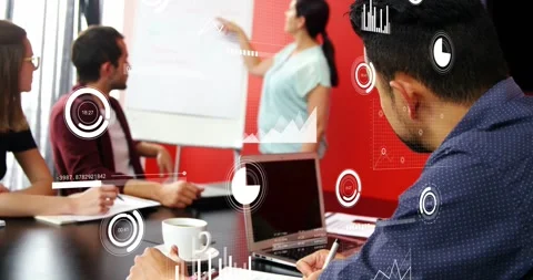 Woman presenting at flipchart initiating data overlays, right man taking notes 스톡 동영상 334112476