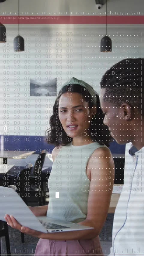 Woman presenting laptop triggers code overlay growing with red bar, man Stock-Footage 332845835