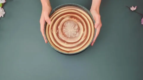 Woman presenting layered cake in baking dish on neutral surface indoors Stock Footage 342879945