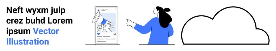 Woman presenting mobile app interface alongside a large cloud icon with sam.. Illustrazione stock