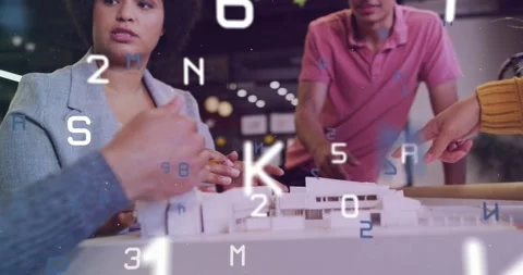 Woman presenting model as team pointing, data overlay appearing, obscuring faces Stock Footage 331002549