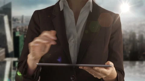 A woman presenting a new interface for tablet Stock Footage