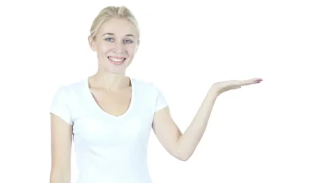 Woman Presenting Product on Screen, Geture, White Background Stock Footage