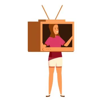 Woman presenting something inside old television box showing her face on scre Stock Illustration