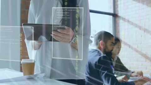 Woman presenting with tablet, tapping and revealing business tech UI panels and Stock Footage 334788982