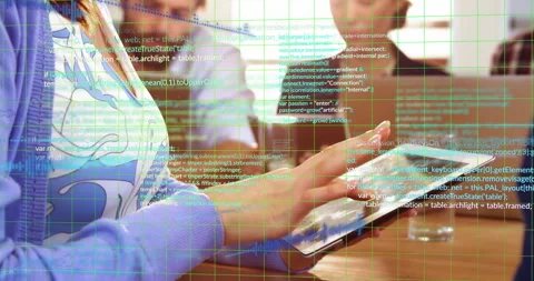 Woman presenting tech demo in office, tapping and swiping tablet animating Stock Footage 310405152