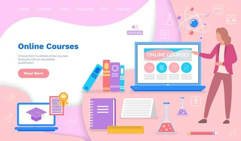 Woman presents program for distance learning. Website for certificate courses Stock Illustration
