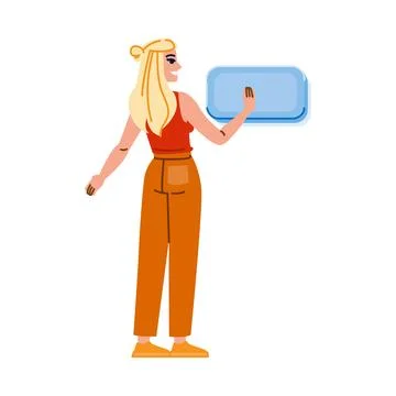 Woman pressing button on interactive panel, engaging with technology Stock Illustration