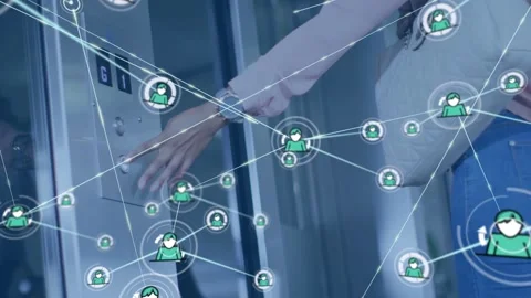 Woman pressing elevator button to call lift, sparking tech avatar network 스톡 동영상 332956255