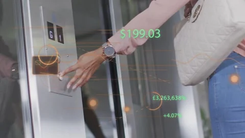 Woman pressing elevator button, summoning lift while finance HUD numbers Stock Footage 333859174