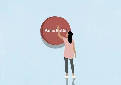Woman pressing large panic button against blue background Stock Illustration