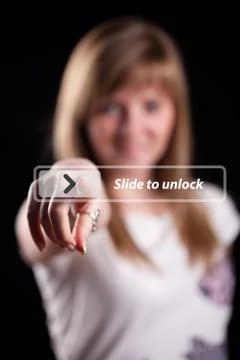 Woman pressing touch screen interface Stock Photos