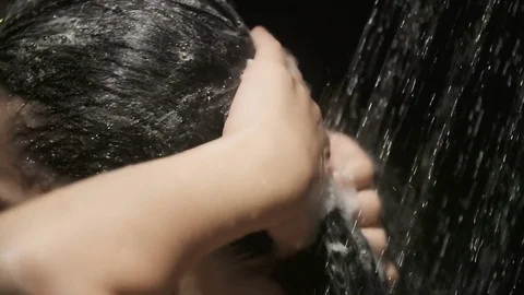 Woman Profile Face Showering Shampoo Slow Motion Stock Footage