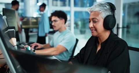 Woman, programmer and headphones with computer in office for IT, listen to music Stock Footage 309049404