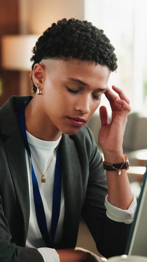Woman, programmer and stress with headache in office for fatigue, project Stock Footage 342238562