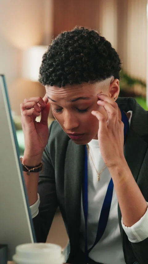 Woman, programmer and stress with headache in office for eye strain, overworked Stock-Footage 342248584