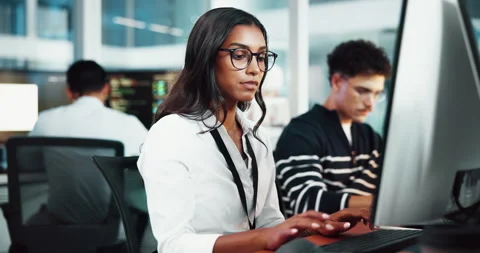 Woman, programmer and typing on computer in office for research, programming and Stock Footage 308997637