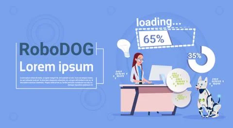Woman Programmer Coding On Computer Working With Robotic Dog Domestic Animal Stock Illustration