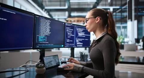 Woman Programmer Develops Secure Web Tools Using Cloud-based Coding Interface Stock Photos