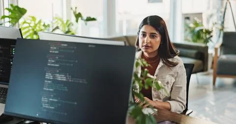 Woman, programmer or coding with computer screen for web design or software Stock Photos