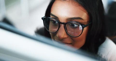 Woman, programmer or coding with glasses on computer for software development or 写真素材