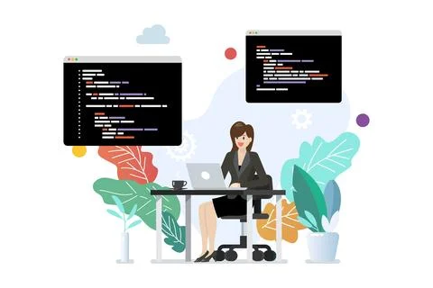Woman programmer writing code on laptop Stock Illustration