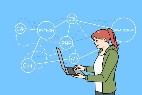 Woman programmer writing codes on computer Stock Illustration