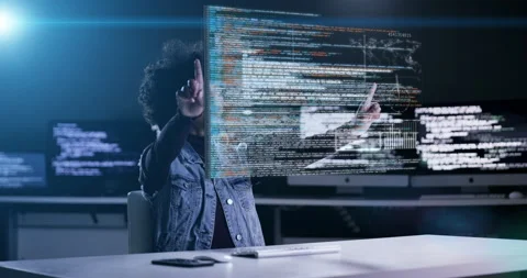 Woman, programming and coding hologram at night on computer dashboard for Stock Footage 235866103