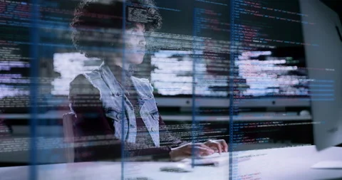 Woman, programming and coding at night on computer dashboard for software or Stock Footage 235930163