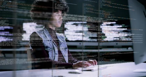 Woman, programming and coding at night on dashboard for computer software or Stock Footage 235939397