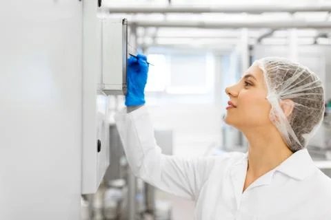 Woman programming computer at ice cream factory Foto stock