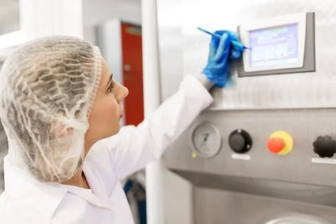 Woman programming computer at ice cream factory Foto stock