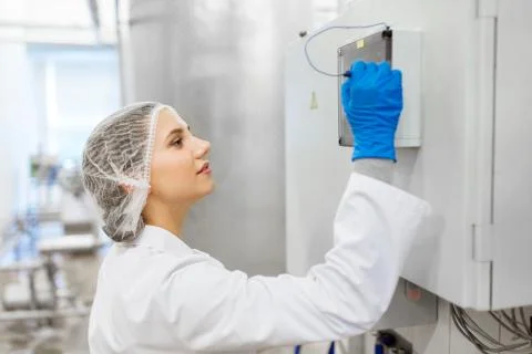 Woman programming computer at ice cream factory Foto stock