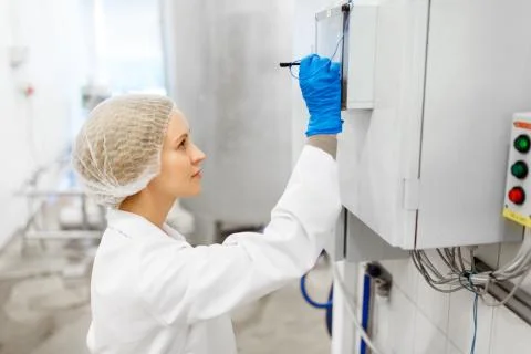 Woman programming computer at ice cream factory Foto stock