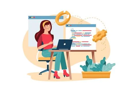 Woman programming on a laptop Illustrazione stock