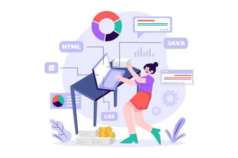 Woman programming on a laptop Stock Illustration